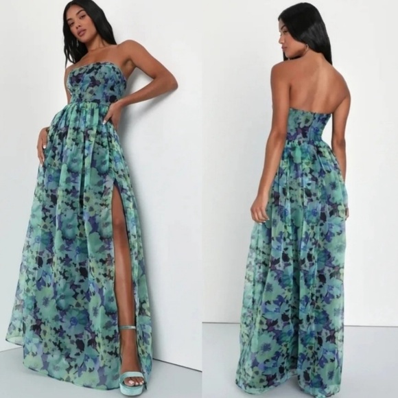 Lulus Dresses & Skirts - Lulu's Wonderful Waltz Green Floral Print Strapless Bustier Maxi Blue Green l